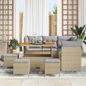 Sofá de Jardim 9 Peças com Almofadas Bege em Rattan e Acácia