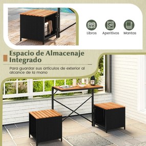 Banco Conversível para Exterior 2 em 1: Mesa de Piquenique e Sofá de 2 Lugares, Estrutura Metálica, Rattan de PE, Dobrável, para Pátios, Preto e casta