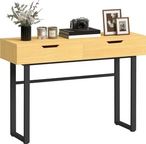 Mesa consola 110 (C) x 35 (P) x 76,5 (A) cm estreita com 2 gavetas, estrutura em metal e design sem puxadores, cor natural