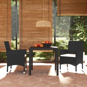 vidaXL 3 pcs conjunto de jantar p/ jardim c/ almofadões vime PE preto