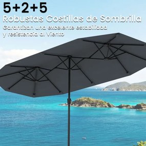 Guarda-sol de 392 cm com dupla face, grande, tamanho duplo, com manivela e 12 varas resistentes para jardim Cinzento