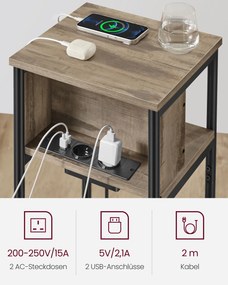 Mesa apoio, mesa de cabeçeira com 2 tomadas eléctricas e 2 portas USB castanho avelã e preto