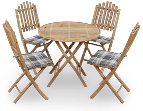 5 pcs conj. de jantar dobrável c/ almofadões p/ exterior bambu