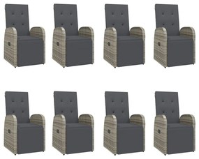 9 pcs conjunto de jantar p/ jardim c/ almofadões vime PE cinza