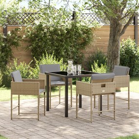Conjunto de Jantar de 5 Peças para Jardim com Almofadas Bege de Vime Poliéster