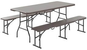 Outsunny Conjunto Campismo Dobrável 3 Peças Mesa 180x74x74 cm Bancos 182x28x42 cm Efeito Madeira Resistente Leve Castanho | Aosom Portugal