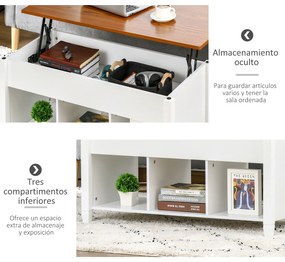 HOMCOM Mesa de Centro com Bancada Elevável Mesa de Centro com 3 Compartimentos Abertos Mesa Retangular Moderna para Sala de Estar 105x50x48cm Branco e Marrom