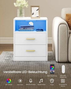 Conjunto 2 Mesas de cabeceira 35 x 40,1 x 50,2 cm com estação de carregamento e LED branco Coleção Custos Brancas