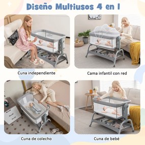 Berço de viagem para bebés com Altura ajustável Colchão ajustável Malha Cesto de arrumação e rodas 101 x 56 x 89 cm Cinzento