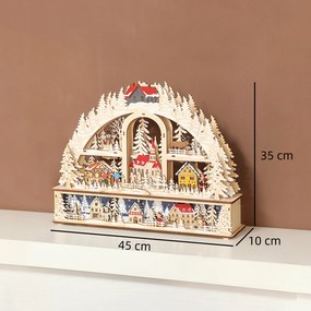 Aldeia de Natal iluminada com 20 LEDs, aldeia de Natal animada em forma de arco, funciona a pilhas, 45 x 10 x 35 cm, madeira natural