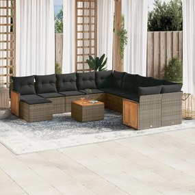 12 pcs conjunto de sofás jardim c/ almofadões vime PE cinzento