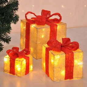 438371 HI Caixa presente de natal com fitas vermelhas e luzes LED 3 pcs