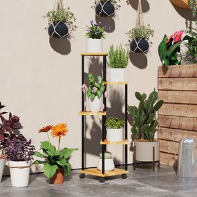 Suporte para plantas de 5 níveis para interior e exterior, prateleira para plantas com 4 rodas em aço e madeira natural