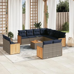 vidaXL 12 pcs conjunto sofás p/ jardim c/ almofadões vime PE cinzento
