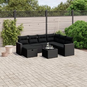 8 pcs conjunto sofás de jardim com almofadões vime PE preto