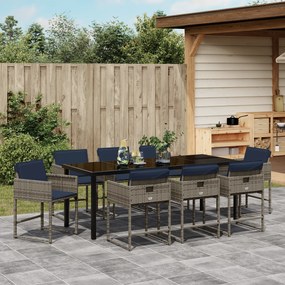 Conjunto de Jantar de Jardim de 9 Peças com Almofadas Cinza Vime PE