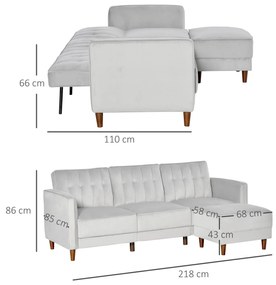 HOMCOM Sofá Cama com Chaise Longue de 3 Lugares Tato Aveludado com Encosto Ajustável e Apoio para os Pés Móvel 218x85x86cm Cinza Claro