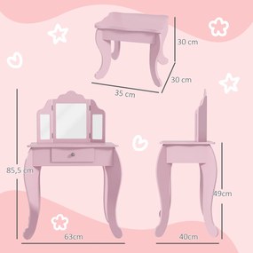 Toucador Infantil de Madeira com Banco e Espelho de Acrílico de 2 Seções Mesa de Maquilhagem Infantil 63x40x85,5 cm Rosa