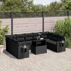 10 pcs conjunto sofás de jardim c/ almofadões vime PE preto