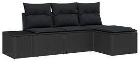 Conjunto de Sofá de 4 Peças com Almofadas em Rattan Sintético Preto