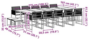 15 pcs conjunto de jantar p/jardim com almofadões vime PE preto