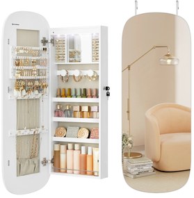 Espelho SONGMICS com armazenamento, armário para joias com espelho LED, montado na parede/porta, armário com espelho largo arredondado com fechadura, com espelho interno, 10 x 42 x 108 cm, superfície branca com forro cinza JJC026W01