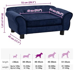 Sofá para cães 72x45x30 cm pelúcia azul