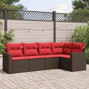 vidaXL 5 pcs conjunto sofás p/ jardim c/ almofadões vime PE castanho