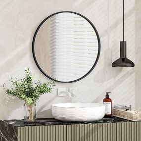 Espelho de casa de banho redondo de 61 cm montado na parede com moldura de metal mate escovado resistente à ferrugem para uma decoração minimalista