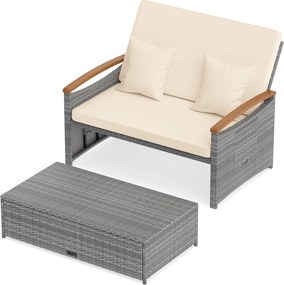 Conjunto de Sofá-Cama de Jardim, Otomana de Arrumação e 2 Mesas Laterais, 164 x 72-111 x 54,5-88 cm, Encosto Regulável em 4 Níveis, Cinzento e Bege
