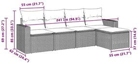 5 pcs conj. sofás jardim c/ almofadões vime PE cinzento-claro
