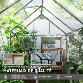 Estufa de jardim em policarbonato 1,9 x 2,53 x 1,99 m com 4,8 m², com fundações, claraboia ajustável e porta de correr transparente
