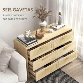 Cómoda para Quarto Cómoda de Madeira com 6 Gavetas de Vime Estilo Boêmio para Corredor Escritório 110x40x69 cm cor Carvalho