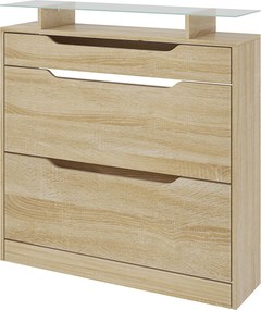 Sapateira 89 x 23 x 96 cm com 2 gavetas rebatíveis + 1 gaveta deslizante + 1 balcão e 1 prateleira de vidro ajustável cor carvalho