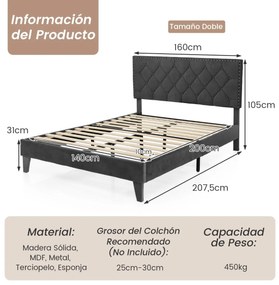 Estrutura de cama moderna com cabeceira estofada Botões de colchão Montagem fácil 200 x 140 cm Cinzento