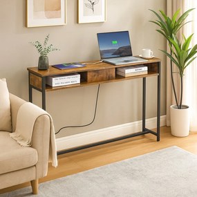 Mesa consola estreita 25 x 120 x 81 cm com tomadas com 2 compartimentos castanho vintage-preto