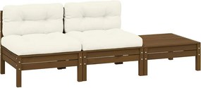 vidaXL 3 pcs conjunto lounge jardim c/ almofadões creme pinho maciço
