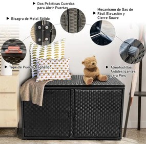 Caixa de arrumação para jardim em rattan 335L Contentor de arrumação em vime para exterior coberto 2 Estantes 115 x 60 x 65 cm Preto