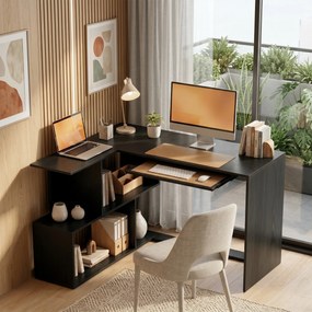 Secretária de canto, 120 x 100 x 76 cm, secretária em L para computador com suporte para teclado, 4 compartimentos abertos, preta