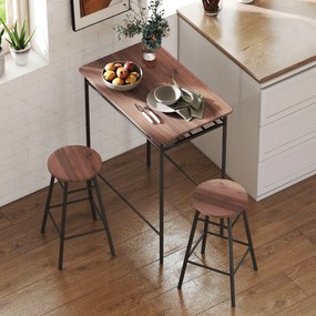 Mesa Alta de Cozinha com 2 Bancos EstiIo Industrial Prateleira Aberta Apoio para Pés para Espaços Reduzidos Castanho