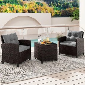 Conjunto Jardim de 3 peças em rattan com almofada lavável para jardim, piscina e varanda 67 x 67 x 76 cm Castanho e Cinzento
