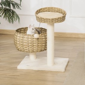 Árvore para Gatos Médios com Cama Superior Cesto de Vime Sintético com Almofadas Postes Arranhadores de Sisal Natural e Bola Suspensa de Brinquedo 54x