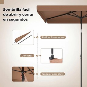 Guarda-sol retangular 200 x 130 cm para terraço exterior com inclinação bidirecional de 30°, bolsa de transporte e enfeites para pátio, piscina e