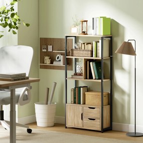 Estante de estilo industrial com 3 prateleiras, porta e 2 gavetas, 58 x 24 x 122 cm, com acabamento em madeira natural e aço preto