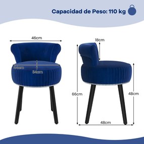 Cadeira, banco de Toucador de veludo 48 x 46 x 66 cm com encosto estofada com pernas de madeira maciça de meados do século Azul