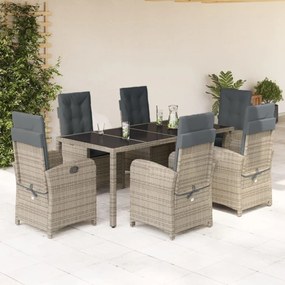 7 pcs conjunto de jantar p/ jardim c/ almofadões vime PE cinza