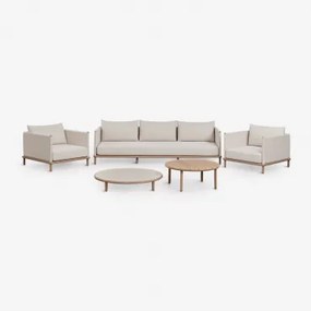 Conjunto De Sala Com Sofá De 3 Lugares, 2 Poltronas E 2 Mesas De Centro Redondas Em Madeira De Acácia Olivia Marrom Acácia Claro & Branco Gardenia - C