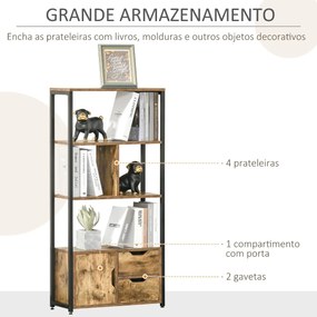 Estante para Livros com Armário e 2 Gavetas de Armazenamento Estante Estilo Industrial para Escritório Sala de Estar 58x24x122cm Marrom Rústico