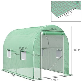 Estufa Tipo Túnel 298x197x189 cm com Porta e 4 Janelas para Cultivo de Plantas e Verduras com Cobertura PE 140g/㎡ Verde