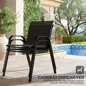 Conjunto de Jardim Exterior 4 Peças com 2 Cadeiras Empilháveis 1 Sofá de 2 Lugares e Mesa de Centro com Bancada de Vidro Temperado Preto